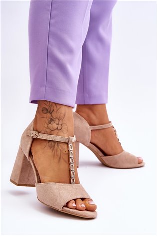 Zomšiniai aukštakulniai sandalai su kubiniu cirkoniu, smėlio spalvos Aniya 2