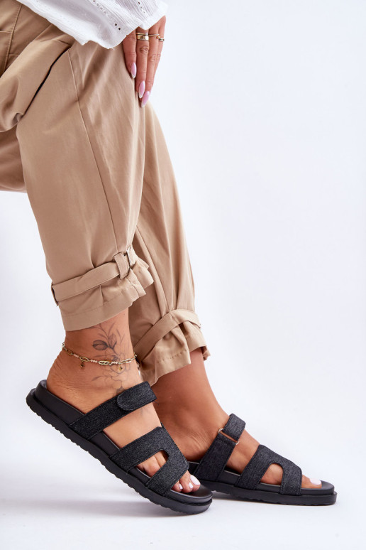 Moteriškos medžiagos šlepetės su Velcro Black Jose