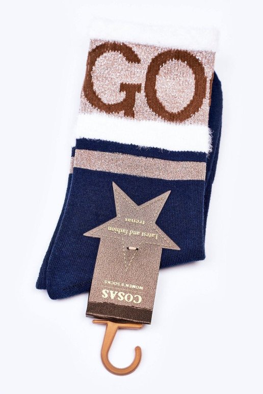 Moteriškos medvilninės kojinės GO-GO su kailiu COSAS tamsiai mėlynos spalvos