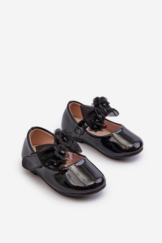 Lakinės odos vaikiški balerinos bateliai su Velcro ir lankeliu, Black Olessa