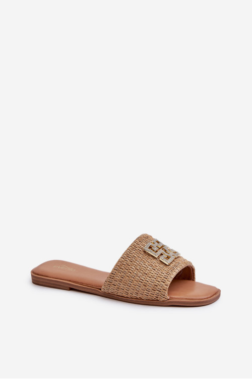 Moteriškos plokščios šlepetės su pynimu ir dekoracija, Beige Omenna