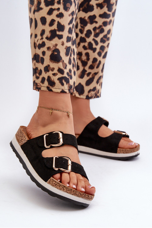 Moteriškos platformos šlepetės su sagtimis Eco Suede Black Ursila