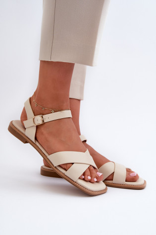 Plokšti moteriški sandalai iš ekologiškos odos S.Barski KV27-003 Beige