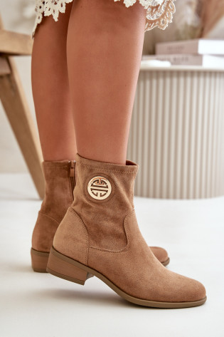 Moteriški kulkšnies batai, užsegami užtrauktuku su dekoratyvine detale Eco Suede Beige Lerioria