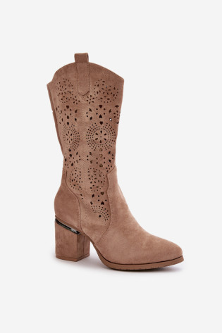 Moteriški ažūriniai kaubojiški batai ant aukštakulnių Eco Suede smėlio spalvos S.Barski HY42-028 2