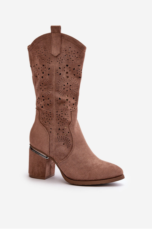 Moteriški ažūriniai kaubojiški batai ant aukštakulnių Eco Suede Brown S.Barski HY42-028