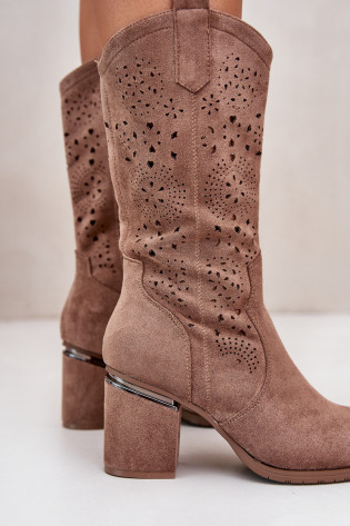 Moteriški ažūriniai kaubojiški batai ant aukštakulnių Eco Suede Brown S.Barski HY42-028