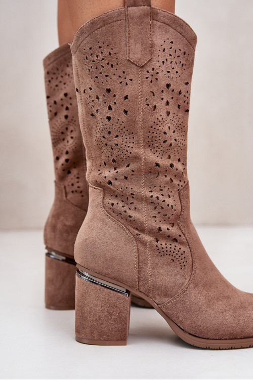 Moteriški ažūriniai kaubojiški batai ant aukštakulnių Eco Suede Brown S.Barski HY42-028