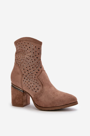 Dekoruoti ažūriniai moteriški kulkšnies batai iš Eco Suede Brown S.Barski HY42-029 2