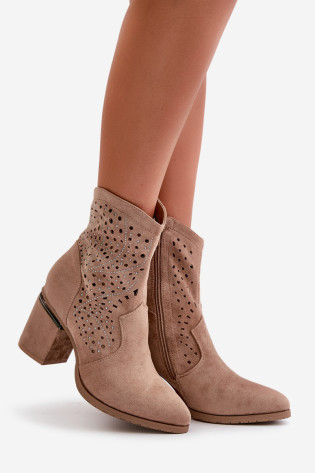 Dekoruoti ažūriniai moteriški kulkšnies batai iš Eco Suede Beige S.Barski HY42-029 2