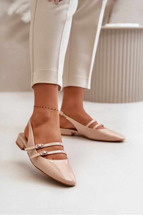Lakinės odos balerinos su petnešėlėmis ant žemakulnių, Beige Bialettia