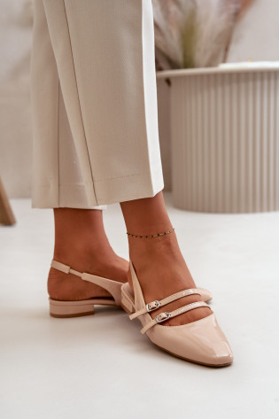 Lakinės odos balerinos su petnešėlėmis ant žemakulnių, Beige Bialettia