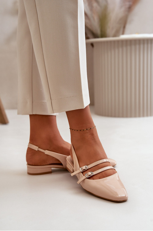Lakinės odos balerinos su petnešėlėmis ant žemakulnių, Beige Bialettia