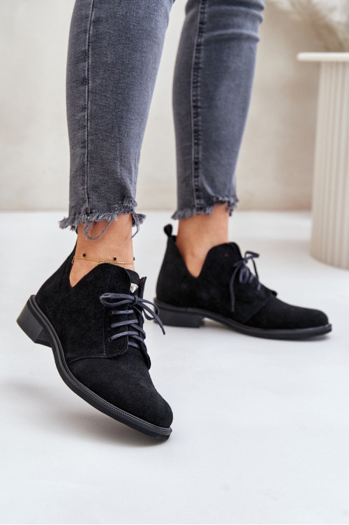 Zazoo 2959 zomšiniai Oxfords suvarstomi batai plokščiakulniais juodais