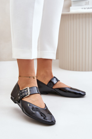 Lakinės odos balerinos su dirželiu, Black Azirae