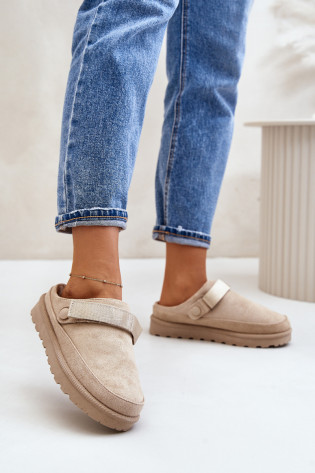 Smėlio spalvos moteriškos šlepetės su kailiniu pamušalu ant platformos Beige Azida