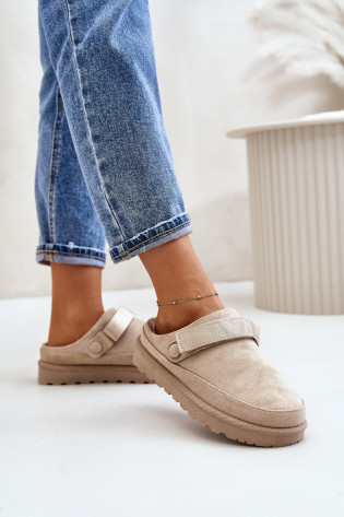 Smėlio spalvos moteriškos šlepetės su kailiniu pamušalu ant platformos Beige Azida