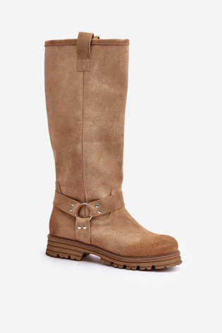 Zomšiniai moteriški batai virš kelių Lewski 3615 Beige 2