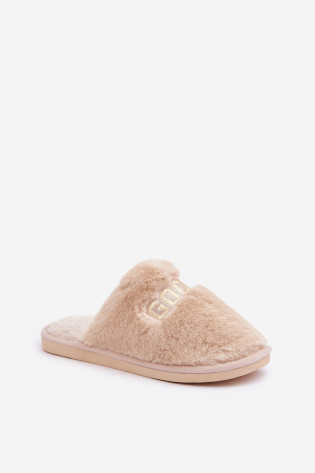 Moteriškos šlepetės su kailiu ir užrašu Beige Kalelia 2