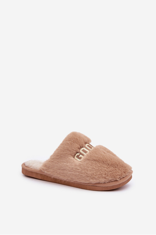 Moteriškos šlepetės su kailiu ir užrašu Brown Kalelia