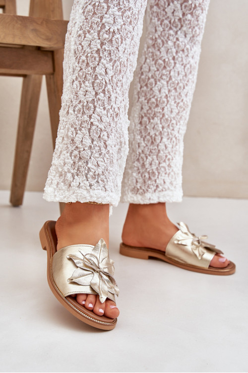 Šlepetės su puošmena, natūrali oda, Zazoo 3667, auksas