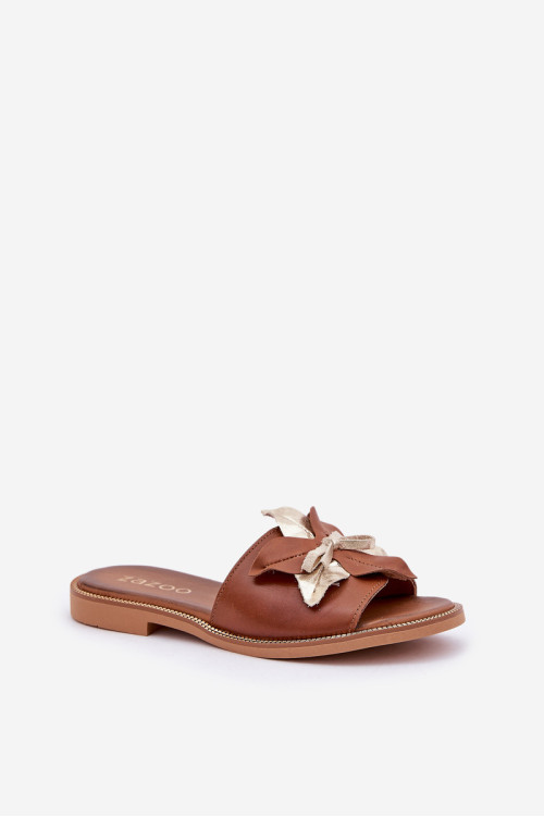 Šlepetės su puošmena Natūralios odos Zazoo 3574/ Z Camel