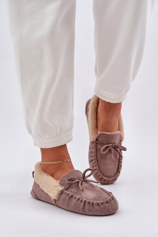 Mocasins Šlepetės Moterys Su Kailiu Tamsiai Beige Kleogoria