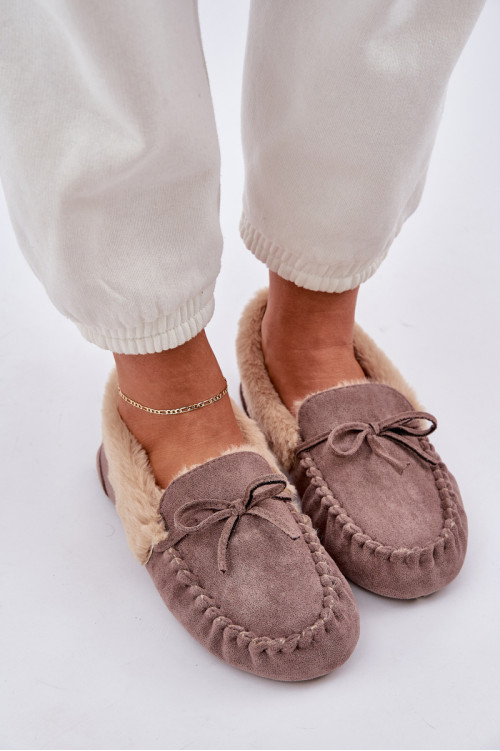 Mocasins Šlepetės Moterys Su Kailiu Tamsiai Beige Kleogoria