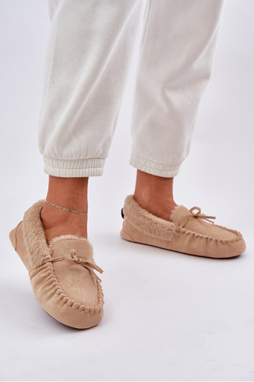 Mokasinai Šlepetės Moterys Su Kailiu Beige Kleogoria