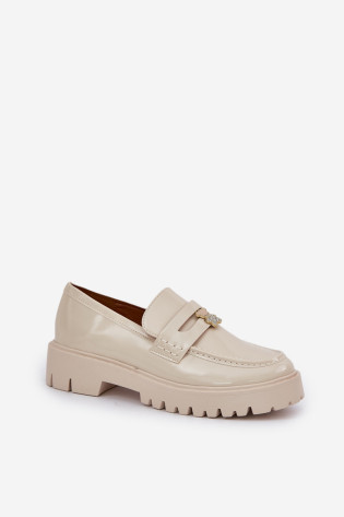 Lakinės odos moteriški mokasinai su meškiuko segtuku Beige Wulinea 2