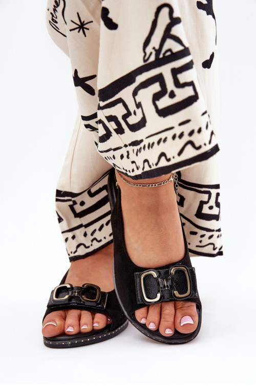 Plokšti sandalai su dekoracija Eco Suede Black Lilria