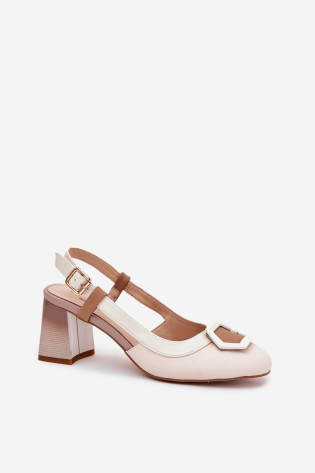 Odiniai elegantiški moteriški sandalai ant kulno D&A CR51-569 smėlio spalvos