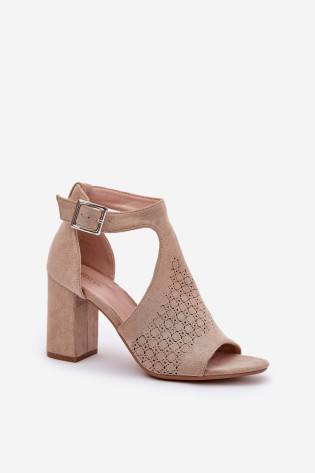 Sandalai su ažūriniu raštu ant blokinio kulno Eco Suede Beige Helori 2