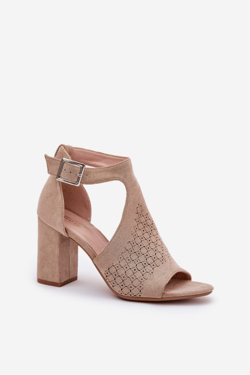 Sandalai su ažūriniu raštu ant blokinio kulno Eco Suede Beige Helori