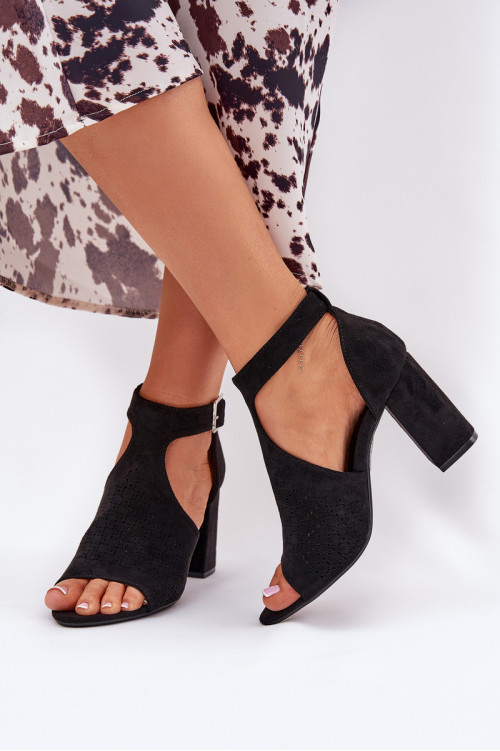 Sandalai su ažūriniu raštu ant blokinio kulno Eco Suede Black Helori