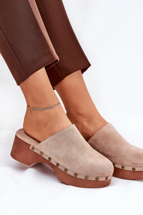 Klumpės Moteriškos šlepetės su smeigėmis Eco Suede Beige Ellason