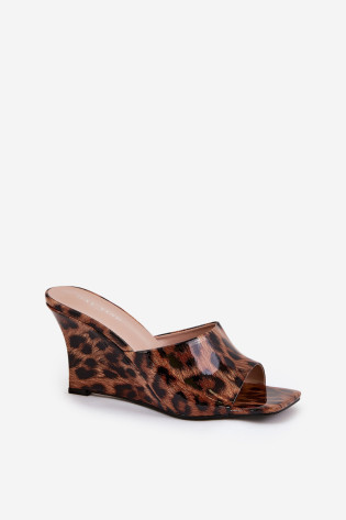 Lakinės odos moteriški pleištiniai sandalai Leopard Brown Nelithin 2
