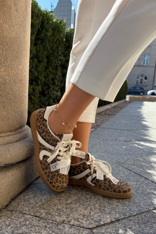 Žemi moteriški sportbačiai su nėriniais Leopard Brown Ziell