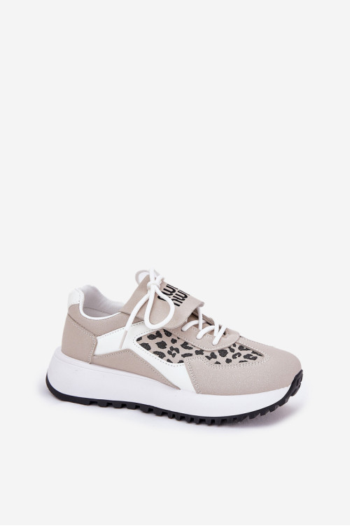 Sportiniai bateliai, moteriški sportbačiai ant platformos Leopard White-Beige Pumbes