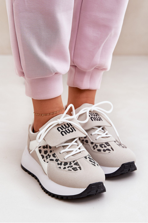 Sportiniai bateliai, moteriški sportbačiai ant platformos Leopard White-Beige Pumbes
