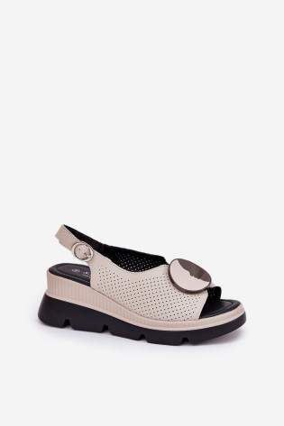 Odiniai moteriški sandalai ant pleišto su puošmena S.Barski LR51-788 Beige 2