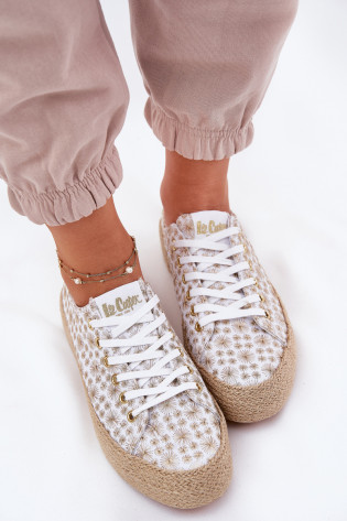 Lee Cooper LCW-25-08-3648L moteriški raštuoti platforminiai sportbačiai su pynėmis, balti ir auksiniai 2