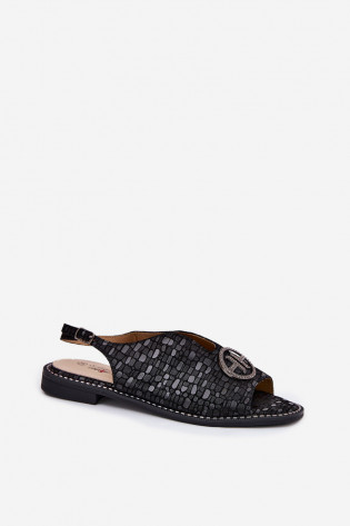 S.Barski KV51-094 juodos odinės plokščiapadės basutės su papuošimais 2