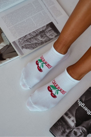 CHERRIES moteriškos kojinės iki kulkšnių, baltos