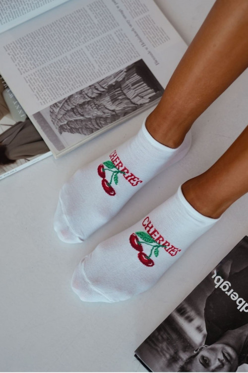 CHERRIES moteriškos kojinės iki kulkšnių, baltos