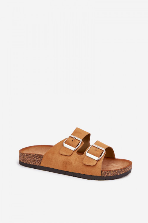 Moteriškos kamštinės platforminės šlepetės su sagtimis, camel spalvos Livara
