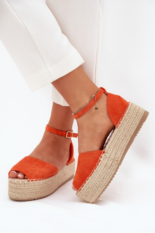 Selise oranžinės moteriškos platforminės espadrilės basutės su kasytėmis