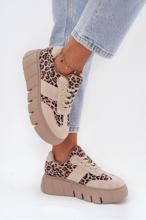 Zomšiniai moteriški sportbačiai su masyvia platforma Vinceza 66841 Leopard Beige