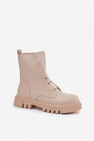 Šilti moteriški aulinukai iki kulkšnių su užtrauktuku, eko oda, šviesiai smėlio spalvos, „Mailyra“ 2
