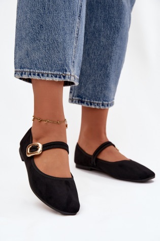 Juodi „Adelora Eco Suede“ baleto bateliai su dirželiu ir auksine sagtimi